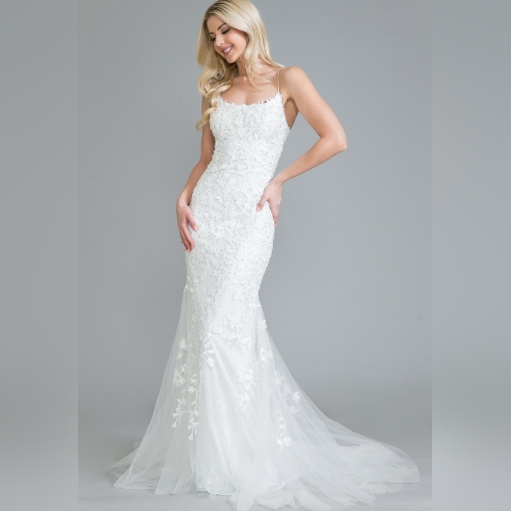 Wedding dress,white lace beaded tulle long lace up back bridal gown